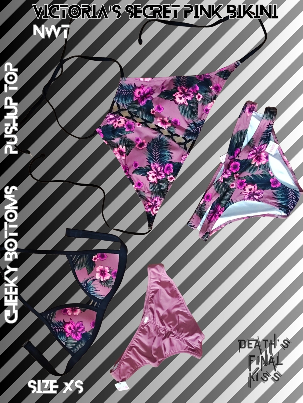 HTF Victoria's Secret Pink Begonia Floral Pushup Halter Ruched Cheeky Bikinis XS